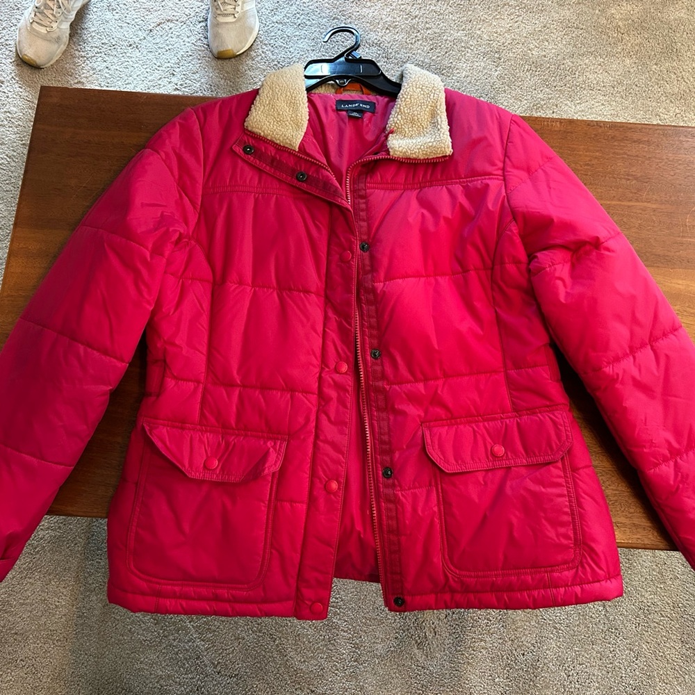 Vibrant Pink/Red Lands' End Jacket with Sherpa Collar